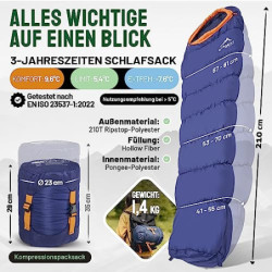 zeitgeist OUTDOOR Schlafsack 3 Jahreszeiten Erwachsene 210x81cm [Stretch] Wasserabweisender Mumienschlafsack Leicht 10°C Komf