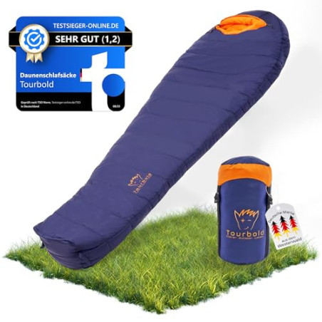 Tourbold Daunenschlafsack Outdoor | 3 Jahreszeiten | Ultraleicht  1250 g  | Kleines Packmaß | Extra Langer Reißverschluss | K
