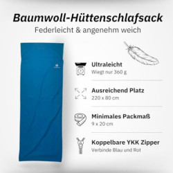 NORDKAMM® Hüttenschlafsack aus Baumwolle Ultraleicht  360 g , waschbares Schlafsack Inlett  210 x 80 cm , Hüttenschlafsack le