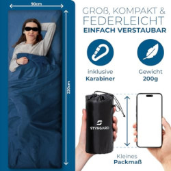 STYNGARD 2in1 Hüttenschlafsack Ultraleicht aus Mikrofaser [200g] - Ultraleichter Schlafsack kleines Packmaß - Dünner Schlafsa