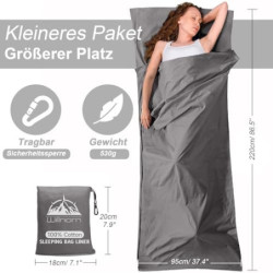 WILLNORN Hüttenschlafsack 100% Baumwolle - Klein und Dünn Travel Sheet, XL 220 x 95 cm - Atmungsaktiv & Kompakt - Reiseschlaf