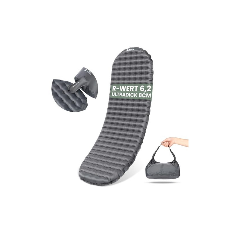 HIKENTURE 6,2 R-Wert Camping Isomatte Ultraleicht, 8 cm Dicke Aufblasbare Isomatte Camping Luftmatratze Kleines Packmaß für 4