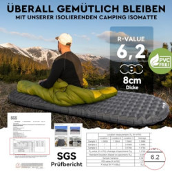HIKENTURE 6,2 R-Wert Camping Isomatte Ultraleicht, 8 cm Dicke Aufblasbare Isomatte Camping Luftmatratze Kleines Packmaß für 4