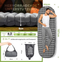HIKENTURE 6,2 R-Wert Camping Isomatte Ultraleicht, 8 cm Dicke Aufblasbare Isomatte Camping Luftmatratze Kleines Packmaß für 4
