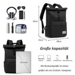TAN.TOMI Rucksack Damen Herren, Rucksack Laptop Tasche 15,6 Zoll, Laptop Rucksack Damen Herren weit öffenbar, Rolltop Rucksac