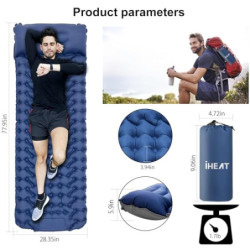 iHEAT Selbstaufblasend Camping Isomatte Schlafmatte mit Fußpresse Pumpe,Ultraleichte Luftmatratze mit Kopfkissen,wasserdichte