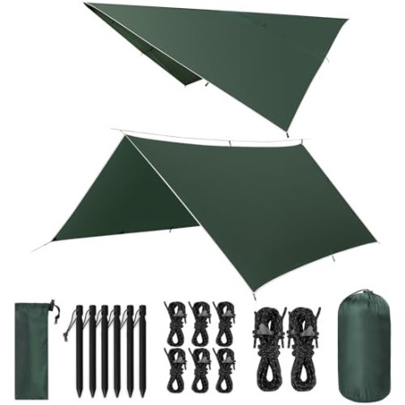 VOSOIR Tarp 3x3M Wasserdicht, Ultraleicht Camping Zeltplane, mit 9 Öse+6 Aluminiumstifte+8 Nylonseile, Anti-UV Schnee Regen S