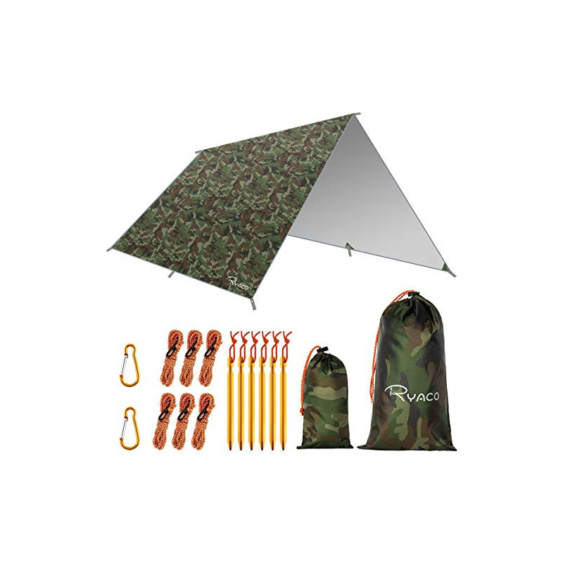 RYACO Tarp 3x3 m Wasserdicht Zeltplane Ultraleicht mit ösen + 6 Erdnägel + 6 Seilen, Anti-UV Schnee Regen Schutz Leicht Kompa RYACO Tarp 3x3 m Wasserdicht Zeltplane Ultraleicht mit ösen + 6 Erdnägel + 6 Seilen, Anti-UV Schnee Regen Schutz Leicht Kompa