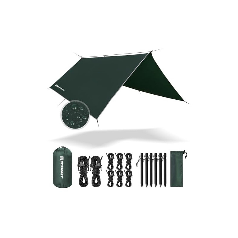 Bessport Zeltplane, Camping Zelt Tarp 3m x 3m Wasserdicht PU3000 mm Tarp für Hängematte, mit Ösen & 6 Aluminiumstifte & 8 Nyl