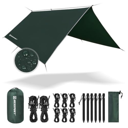 Bessport Zeltplane, Camping Zelt Tarp 3m x 3m Wasserdicht PU3000 mm Tarp für Hängematte, mit Ösen & 6 Aluminiumstifte & 8 Nyl