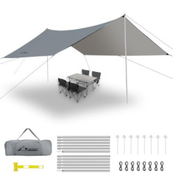 WADEO Camping Zeltplane Wasserdicht Anti-UV, 3,6 x 4,8 m Camping Plane mit Stangen+Zeltheringen+Abspannleinen, Camping Tent T