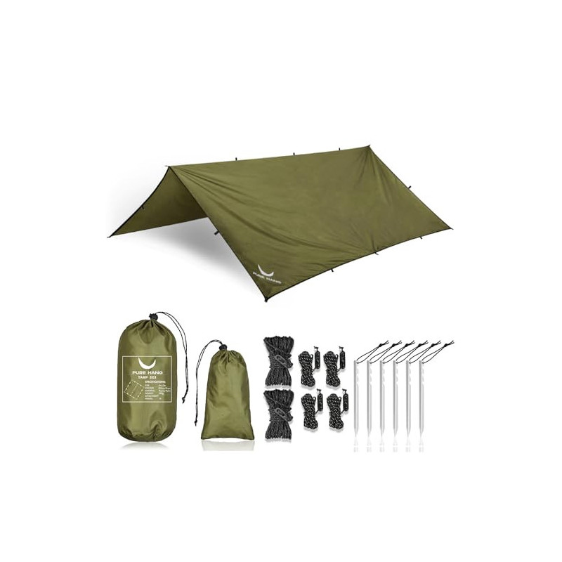 PURE HANG Premium Zeltplane Tarp 3x3 für Hängematte Outdoor Camping Wasserdicht mit Ösen Sonnensegel Strand Ultra-Leicht Sonn