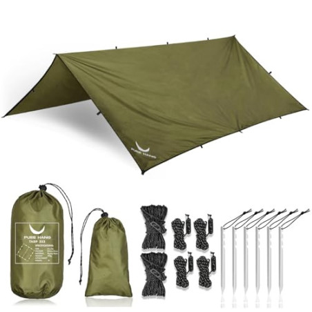 PURE HANG Premium Zeltplane Tarp 3x3 für Hängematte Outdoor Camping Wasserdicht mit Ösen Sonnensegel Strand Ultra-Leicht Sonn