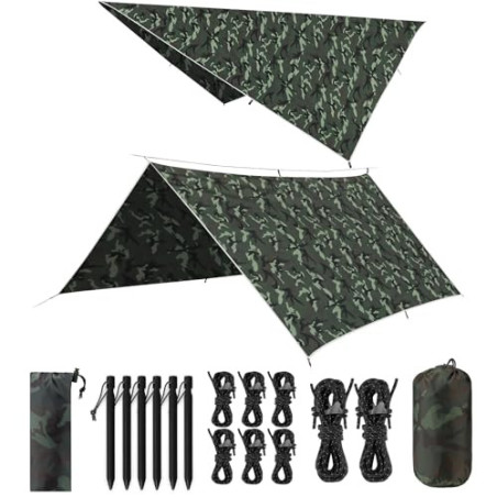 VOSOIR Tarp 3x3M Wasserdicht, Ultraleicht Camping Zeltplane, mit 9 Öse+6 Aluminiumstifte+8 Nylonseile, Anti-UV Schnee Regen S