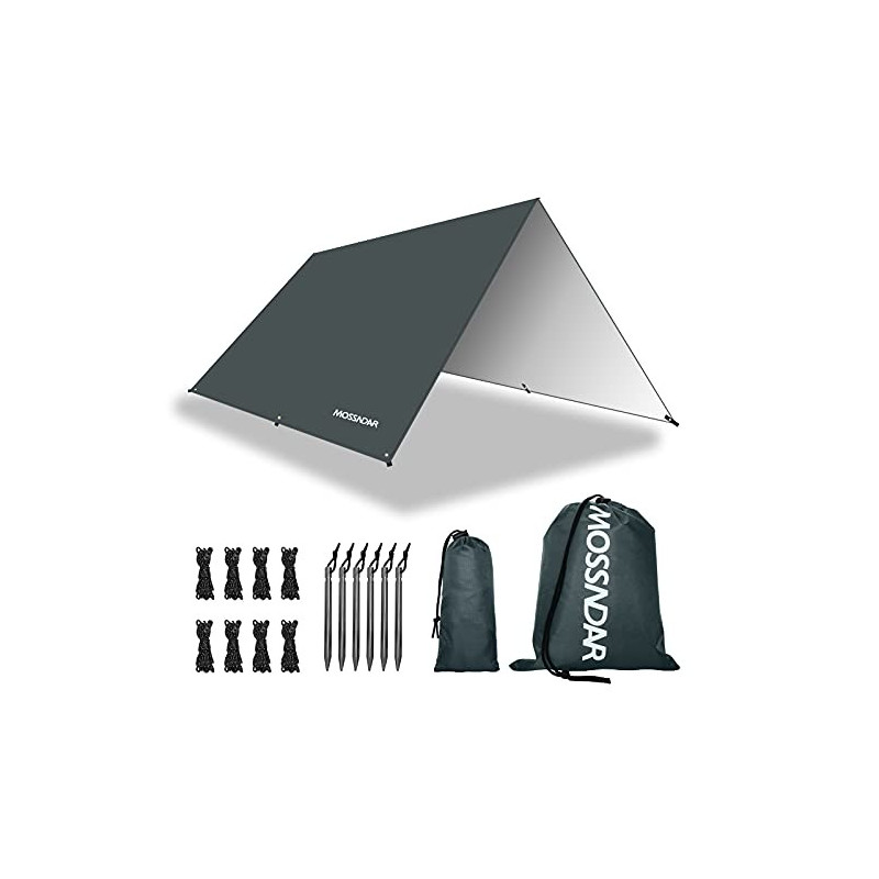 MOSSNDAR Tarp 3x3 Wasserdicht, Sonnensegel Zeltplane Wasserdicht mit ösen PU 3000mm, UV 50+ Camping Tarp Ultraleicht für Häng