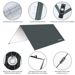 MOSSNDAR Tarp 3x3 Wasserdicht, Sonnensegel Zeltplane Wasserdicht mit ösen PU 3000mm, UV 50+ Camping Tarp Ultraleicht für Häng