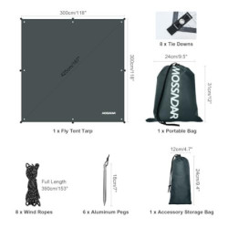 MOSSNDAR Tarp 3x3 Wasserdicht, Sonnensegel Zeltplane Wasserdicht mit ösen PU 3000mm, UV 50+ Camping Tarp Ultraleicht für Häng