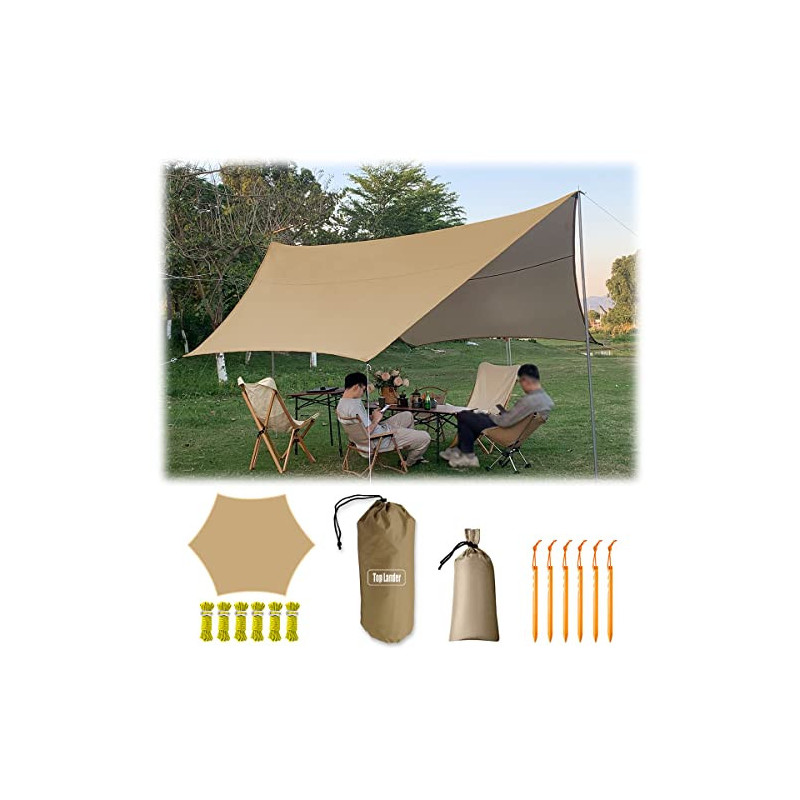 4,5x4,5m Großes Camping Tarp Zelt Ultraleicht Wasserdicht Multifunktional Awning Hexagon Tarpaulin Shelter für Auto Bushcraft