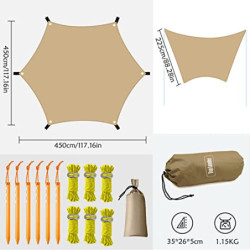 4,5x4,5m Großes Camping Tarp Zelt Ultraleicht Wasserdicht Multifunktional Awning Hexagon Tarpaulin Shelter für Auto Bushcraft