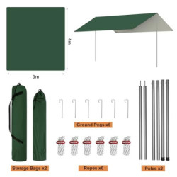 WOLTU Zeltplane Wasserdicht 3x4 m PU 3000 mm, UV-Schutzplane Tarp mit 2 Stützstangen, multifunktionale Ultraleicht Camping Pl