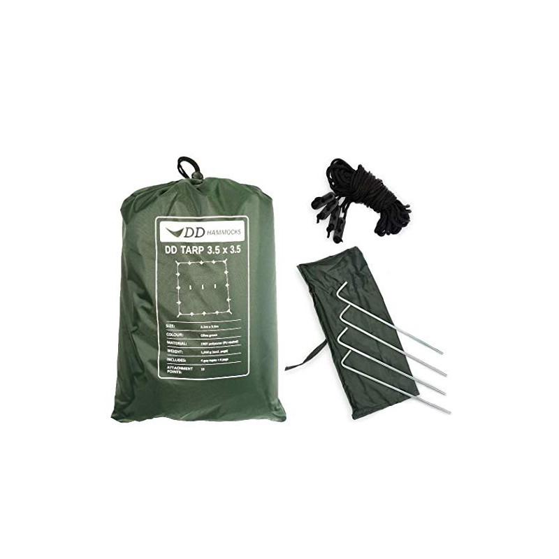 DD Hammocks - DD Tarp 3,5 x 3,5 - Olivgrün - Leichte Abdeckplane komplett wasserdicht für Outdoor-Hängematte, Camping und Bus DD Hammocks - DD Tarp 3,5 x 3,5 - Olivgrün - Leichte Abdeckplane komplett wasserdicht für Outdoor-Hängematte, Camping und Bus
