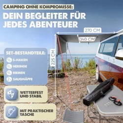 LAINFELD Vorzelt Auto | 2,2 x 2,5 m Sonnensegel mit 3 x Keder und 2 x Teleskopstange | Sonnensegel Camping Busvorzelt Markise