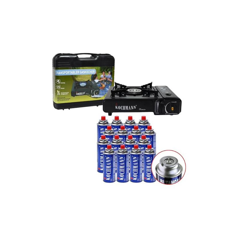 Kochmann® Gaskocher + 8 Gaskartuschen inkl. Tragekoffer, 1-flammig Campingkocher Camping Gas Kocher Kartusche