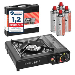 EVOCAMP Gaskocher 1-flammig mit Gaskartuschen 227g 4 Stück MSF-1a, Camping Herd mit Tragekoffer - Ideal für Outdoor-Aktivität