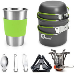 Odoland Camping Geschirr Set 10-teiliges Outdoor Kochgeschirr Aluminium Camping Töpfe Becher Faltbare Besteck Mini Campingkoc
