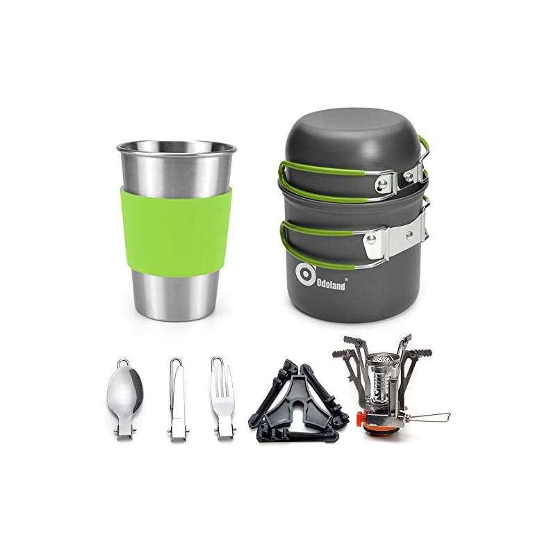 Odoland Camping Geschirr Set 10-teiliges Outdoor Kochgeschirr Aluminium Camping Töpfe Becher Faltbare Besteck Mini Campingkoc