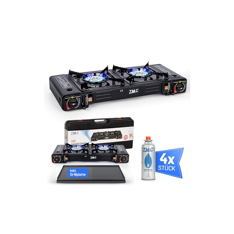 ZMC Camping Gaskocher 2-flammig mit 4x Gaskartuschen 227g und Grillplatte, 2,5 KW inkl. Adapter für LPG Anschluss + Aufbewahr