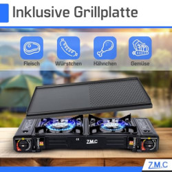 ZMC Camping Gaskocher 2-flammig mit 4x Gaskartuschen 227g und Grillplatte, 2,5 KW inkl. Adapter für LPG Anschluss + Aufbewahr