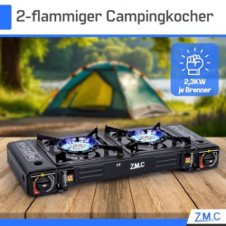 ZMC Camping Gaskocher 2-flammig mit 4x Gaskartuschen 227g und Grillplatte, 2,5 KW inkl. Adapter für LPG Anschluss + Aufbewahr