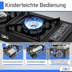 ZMC Camping Gaskocher 2-flammig mit 4x Gaskartuschen 227g und Grillplatte, 2,5 KW inkl. Adapter für LPG Anschluss + Aufbewahr