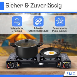 ZMC Camping Gaskocher 2-flammig mit 4x Gaskartuschen 227g und Grillplatte, 2,5 KW inkl. Adapter für LPG Anschluss + Aufbewahr