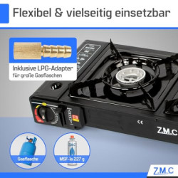 ZMC Camping Gaskocher 2-flammig mit 4x Gaskartuschen 227g und Grillplatte, 2,5 KW inkl. Adapter für LPG Anschluss + Aufbewahr