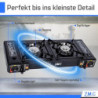 ZMC Camping Gaskocher 2-flammig mit 4x Gaskartuschen 227g und Grillplatte, 2,5 KW inkl. Adapter für LPG Anschluss + Aufbewahr