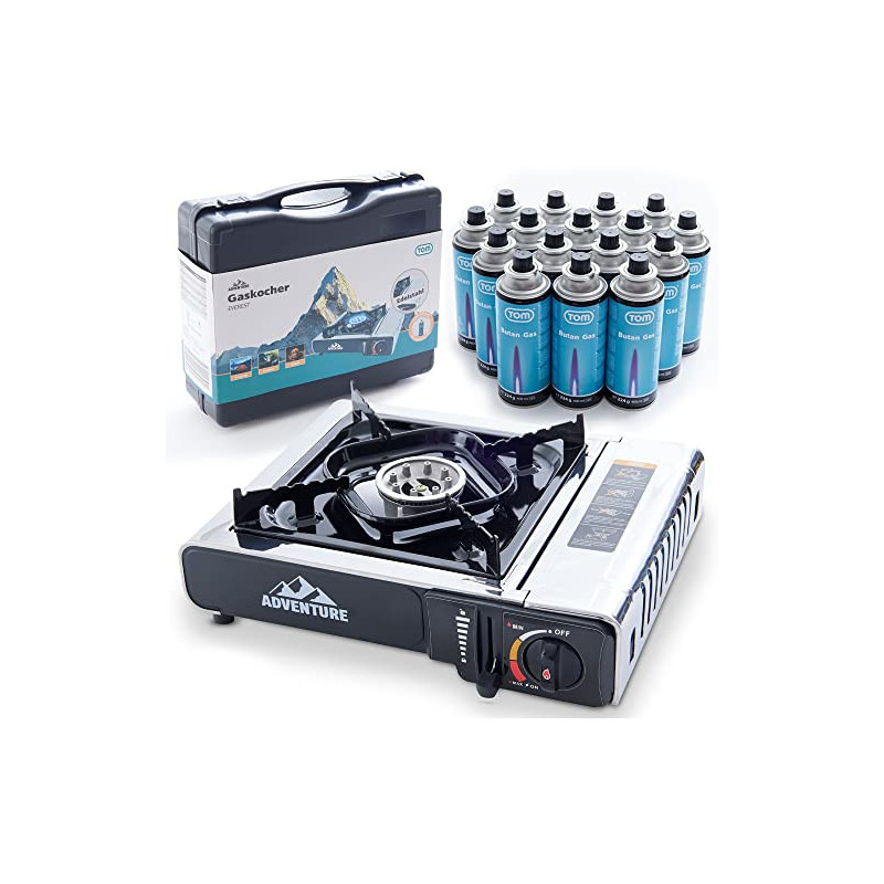 TOM Adventure Edelstahl Camping-Gaskocher mit 16 oder 12 x Gaskartuschen und Koffer im Set – Campingkocher mit Gaskochfeld – 
