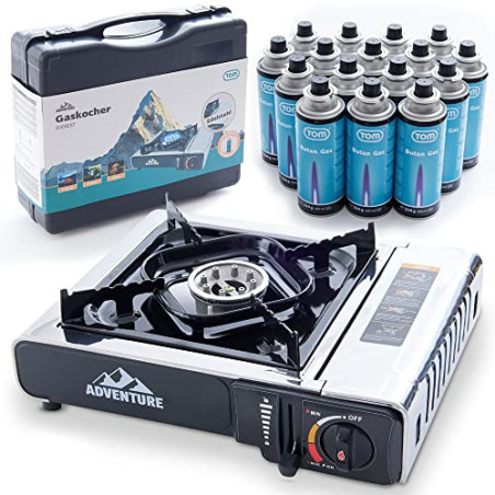 TOM Adventure Edelstahl Camping-Gaskocher mit 16 oder 12 x Gaskartuschen und Koffer im Set – Campingkocher mit Gaskochfeld – 