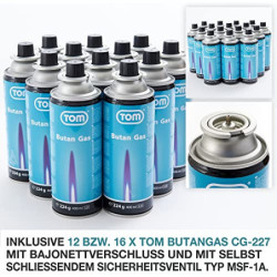 TOM Adventure Edelstahl Camping-Gaskocher mit 16 oder 12 x Gaskartuschen und Koffer im Set – Campingkocher mit Gaskochfeld – 