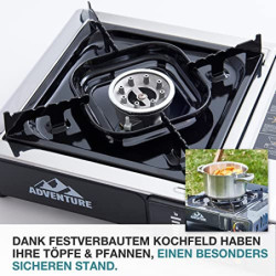TOM Adventure Edelstahl Camping-Gaskocher mit 16 oder 12 x Gaskartuschen und Koffer im Set – Campingkocher mit Gaskochfeld – 
