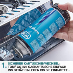 TOM Adventure Edelstahl Camping-Gaskocher mit 16 oder 12 x Gaskartuschen und Koffer im Set – Campingkocher mit Gaskochfeld – 