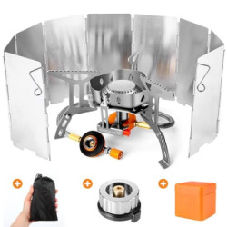 Odoland Campingkocher 3500W Gaskocher mit Piezozündung Adapter und Faltbar Aluminium Windschutz Gas Campingkocher für Gasbren