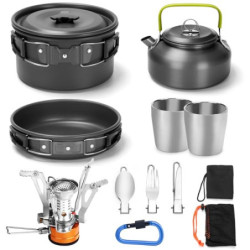 Odoland Kochgeschirr Set für 1-2 Personen, Kochset mit Mini Gaskocher Tragbar Aluminium Topf Teekessel Tassen Faltbare Bestec
