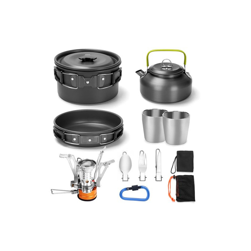 Odoland Kochgeschirr Set für 1-2 Personen, Kochset mit Mini Gaskocher Tragbar Aluminium Topf Teekessel Tassen Faltbare Bestec Odoland Kochgeschirr Set für 1-2 Personen, Kochset mit Mini Gaskocher Tragbar Aluminium Topf Teekessel Tassen Faltbare Bestec
