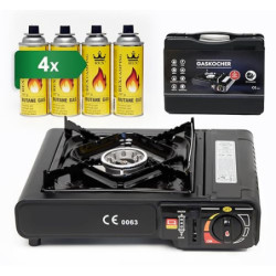 Gaskocher Kocher 1 flammig Campingkocher Piezo zündung 2.2kW + 4 Gaskartuschen MSF-1a + Koffer