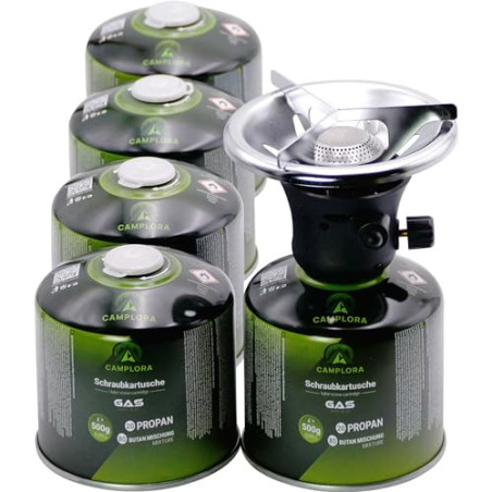 CAMPLORA Campingkocher mit Piezozündung inkl. 5 Schraubgaskartuschen 500g  Propan-Butan-Gasgemisch , Gaskocher, Propangaskoch