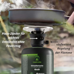CAMPLORA Campingkocher mit Piezozündung inkl. 5 Schraubgaskartuschen 500g  Propan-Butan-Gasgemisch , Gaskocher, Propangaskoch