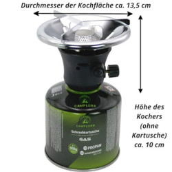 CAMPLORA Campingkocher mit Piezozündung inkl. 5 Schraubgaskartuschen 500g  Propan-Butan-Gasgemisch , Gaskocher, Propangaskoch