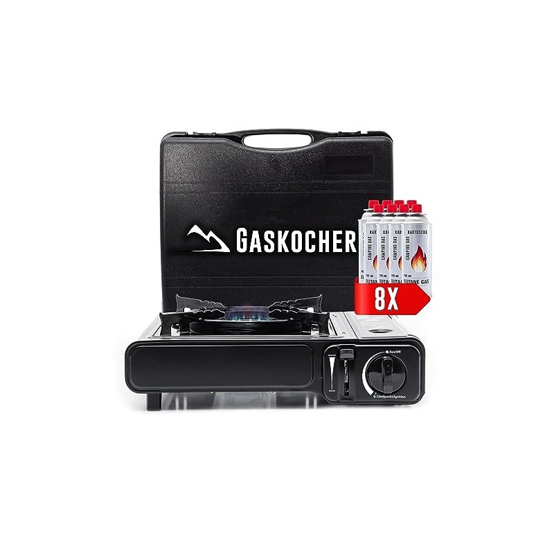TruWare Camping Gaskocher Set mit 8 Gaskartuschen Campingkocher 1-flammig schwarz mit Koffer | Outdoor Gasgrill für Gas Kartu